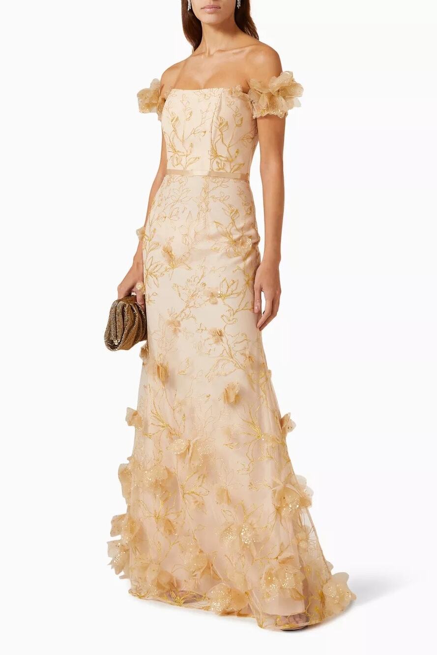Marchesca Notte Neutral 3D Floral Applique Tulle Gown Sz 12 Formal